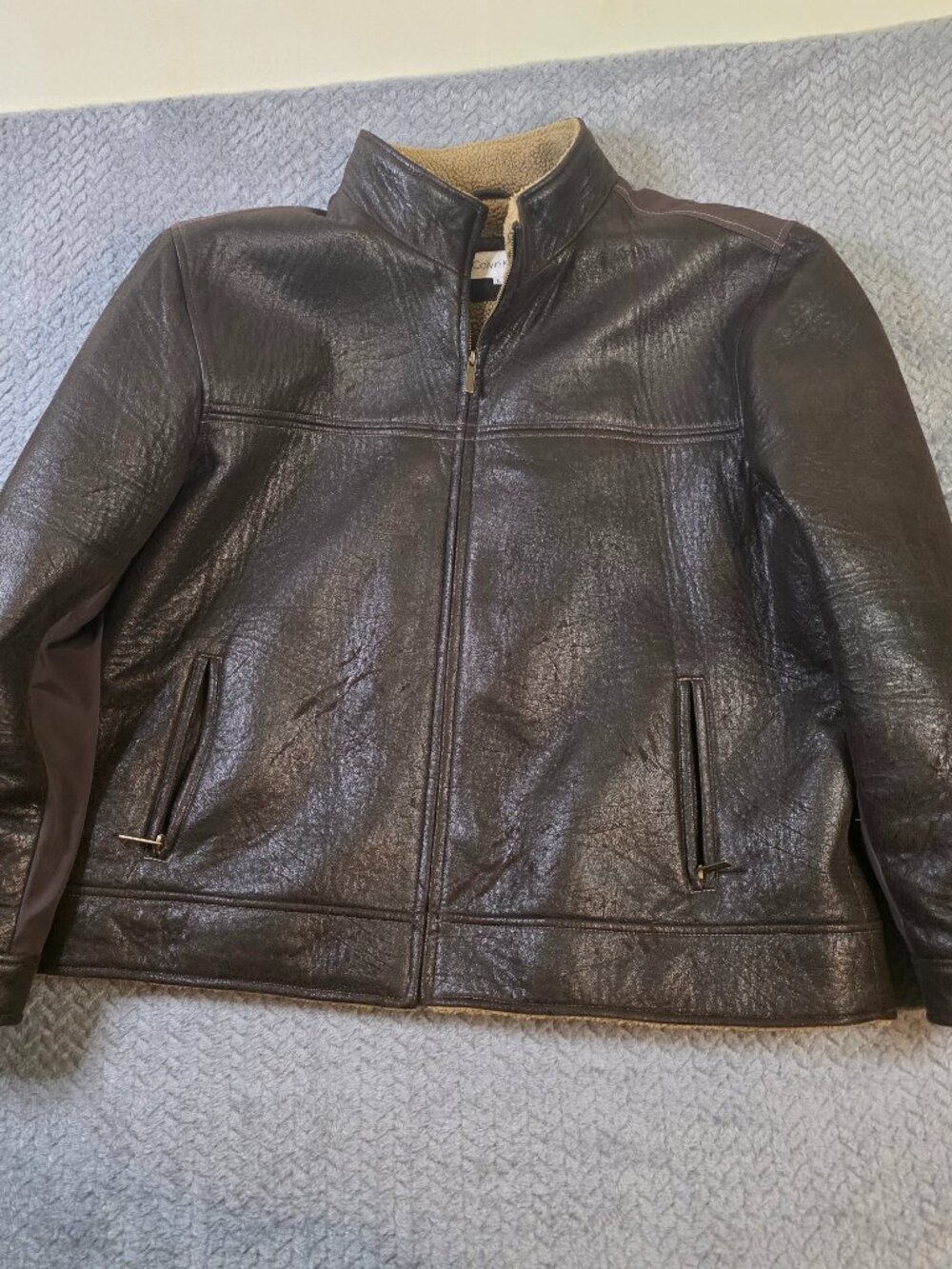 Calvin Klein Sherpa Lined Faux Leather Jacket Mens XL Brown Full Zip Coat